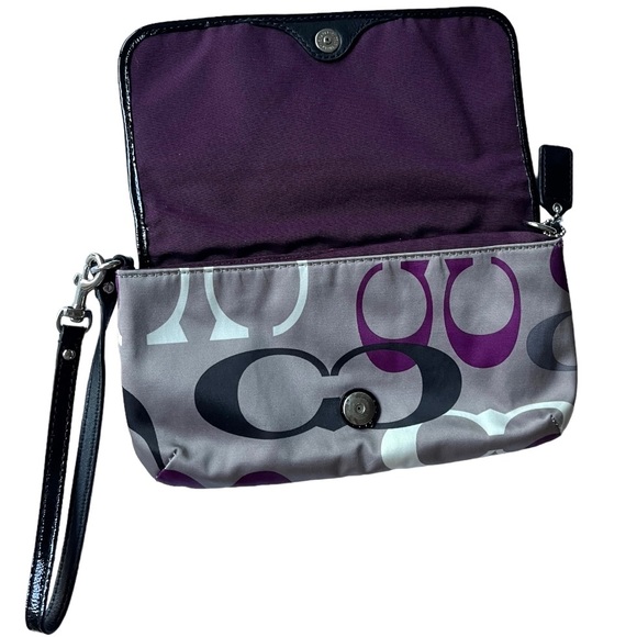 Coach Signature C Large Flap Sateen Wristlet Pouchette F47001 in Khaki & Purple - Picture 7 of 16